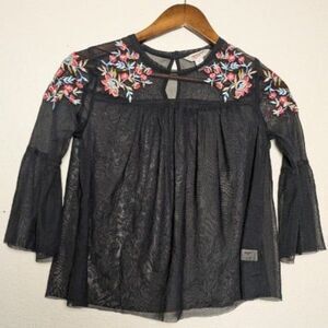 Black Sheer Mesh Embroidered Bell Sleeve Boho Festival Top Size XS Arizona Jeans